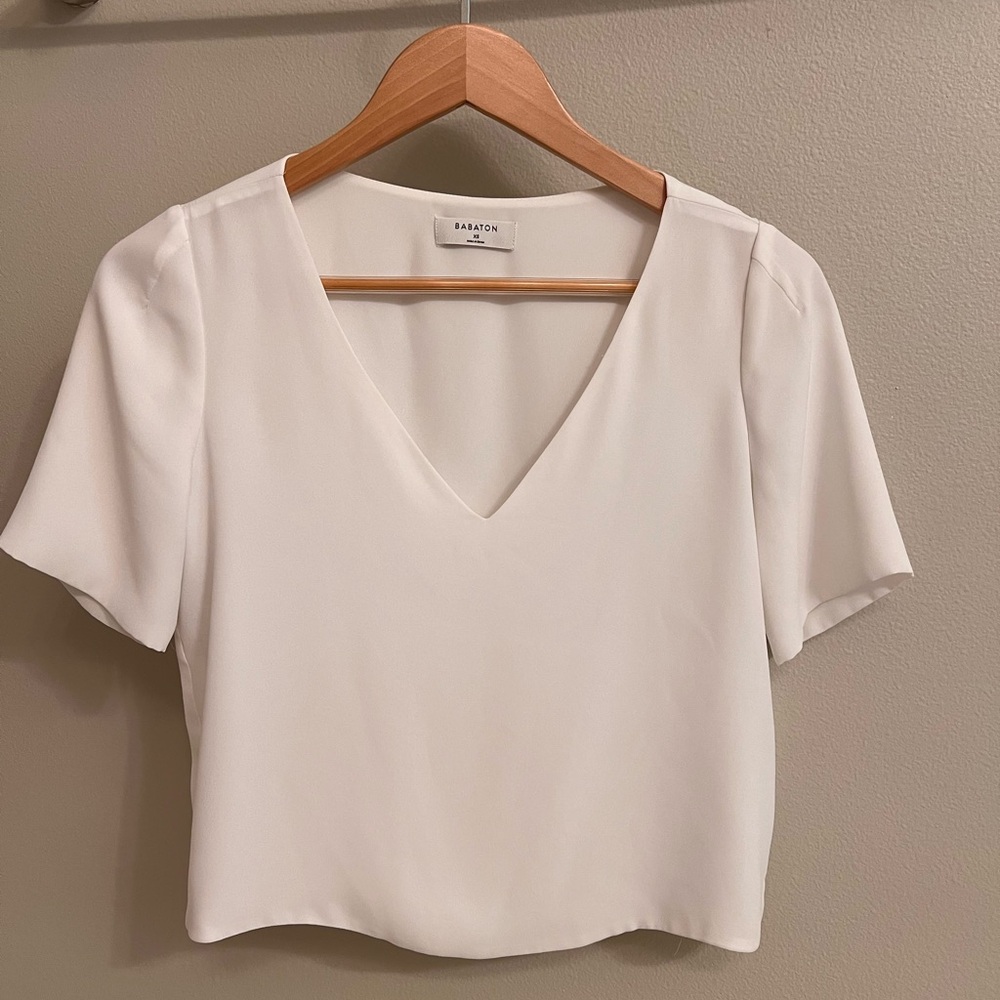 Aritzia Babaton White V-Neck Short Sleeve Top
